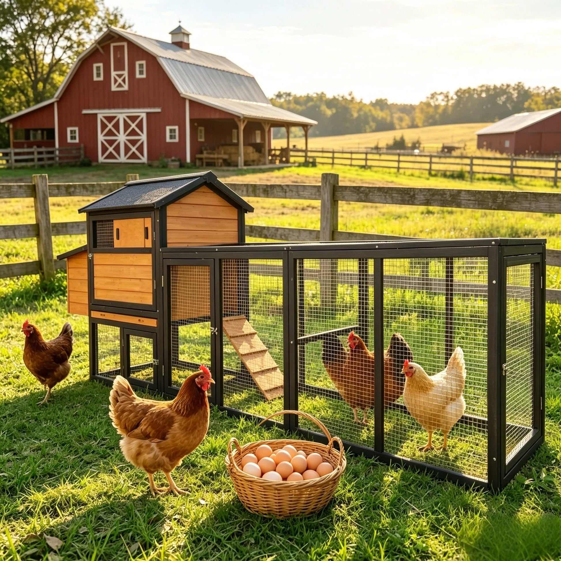 Large brown and black wooden chicken coop with wire pens by HouseOfZazla on Tampa Home & Garden Store