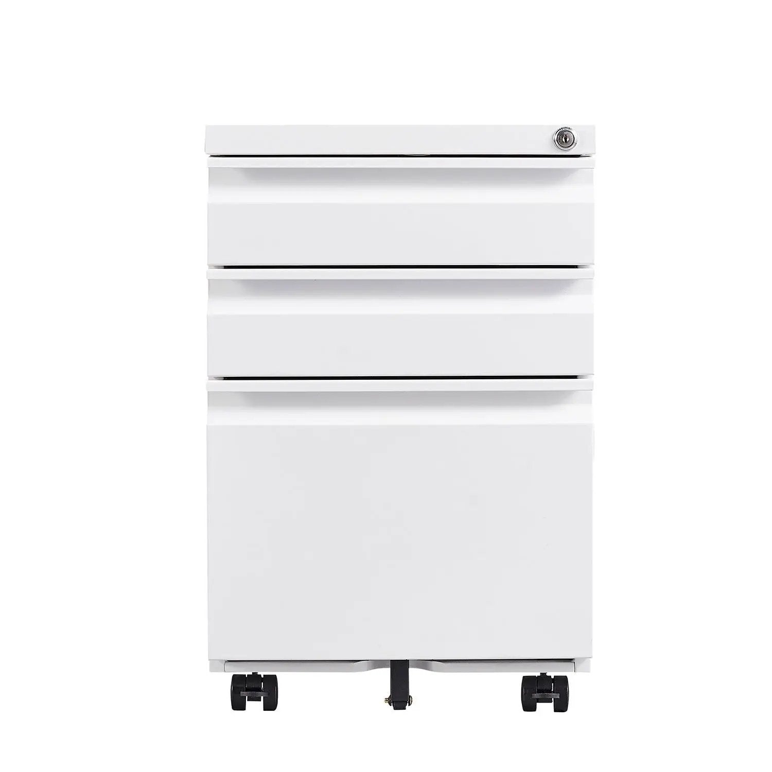 White metal 3-drawer mobile filing cabinet with lock for legal/letter size documents on casters on Tampa Home & Garden Store