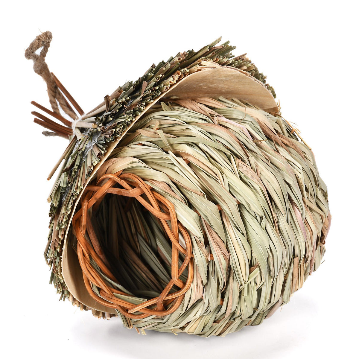 Hanging straw bird nest with woven dried grass and jute cord, natural beige and green hues on Tampa Home & Garden Store