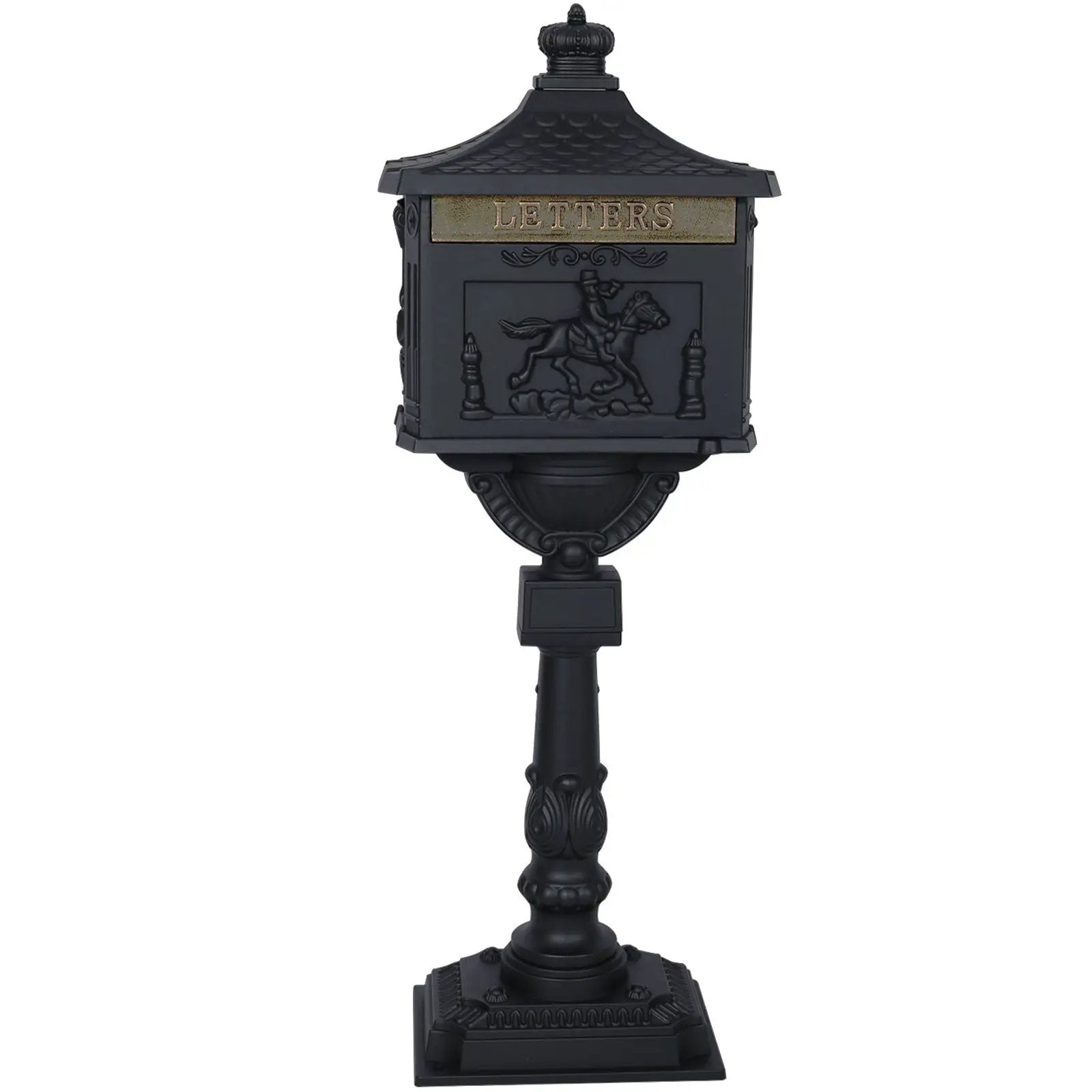 Cast Aluminum Mailbox on ornate black post with rider-on-horse relief and letters plate on Tampa Home & Garden Store