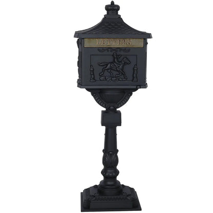Cast Aluminum Mailbox on ornate black post with rider-on-horse relief and letters plate on Tampa Home & Garden Store