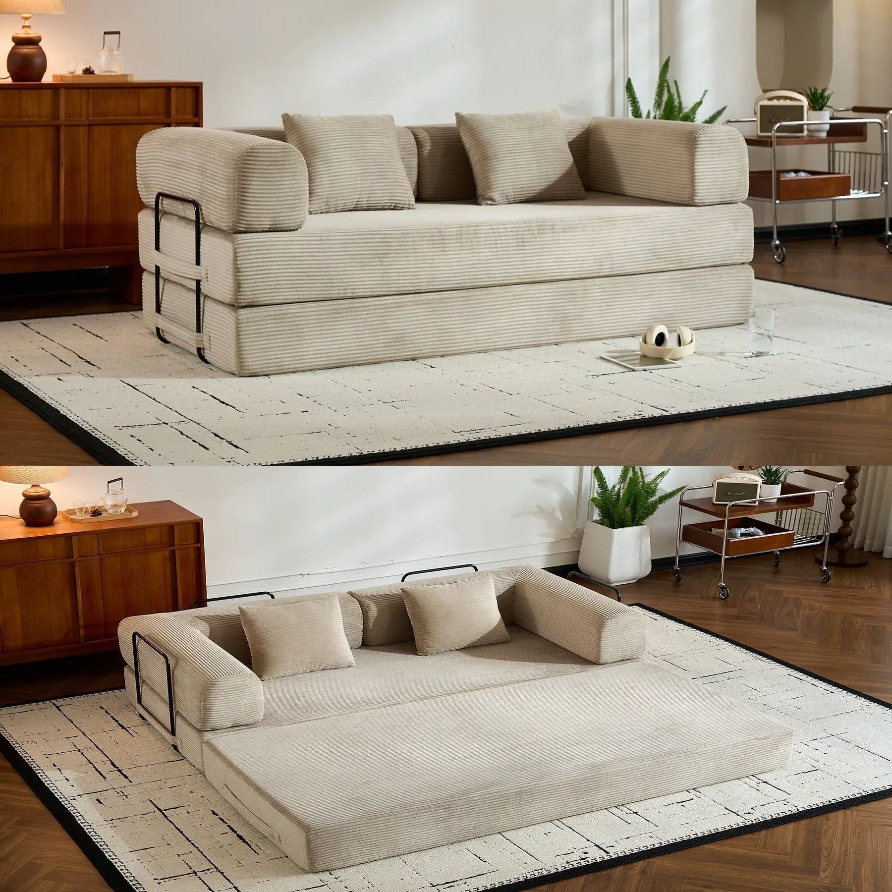 Futon sofa bed with cylindrical bolster pillows in beige corduroy, fixed frame on Tampa Home & Garden Store