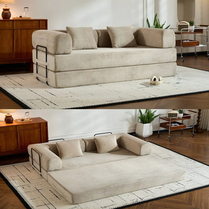 Futon sofa bed with cylindrical bolster pillows in beige corduroy, fixed frame on Tampa Home & Garden Store