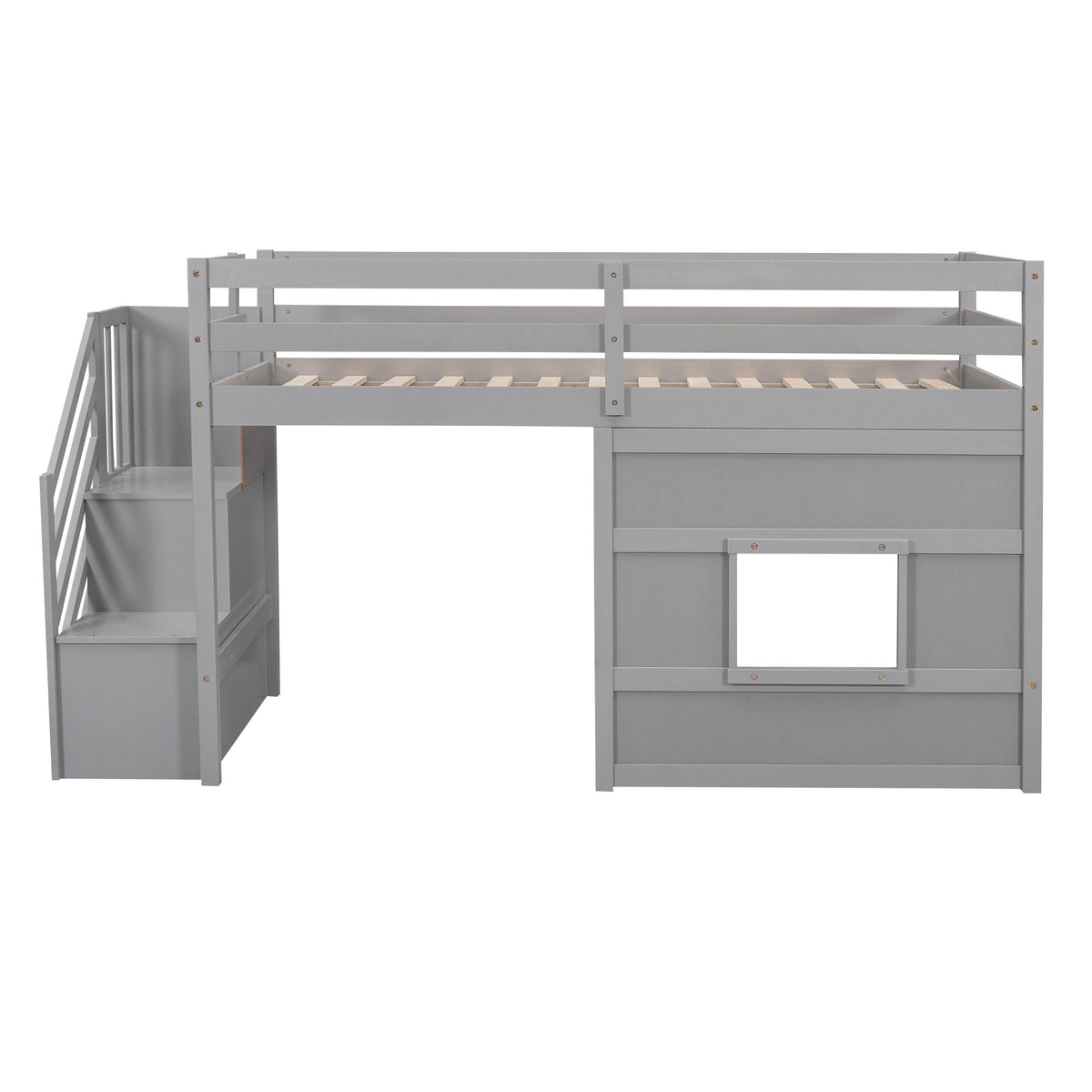 Loft bed with storage staircase in gray finish, guard rails and slatted platform on Tampa Home & Garden Store
