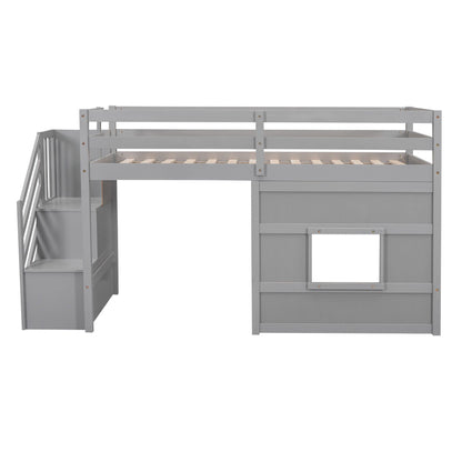 Loft bed with storage staircase in gray finish, guard rails and slatted platform on Tampa Home & Garden Store