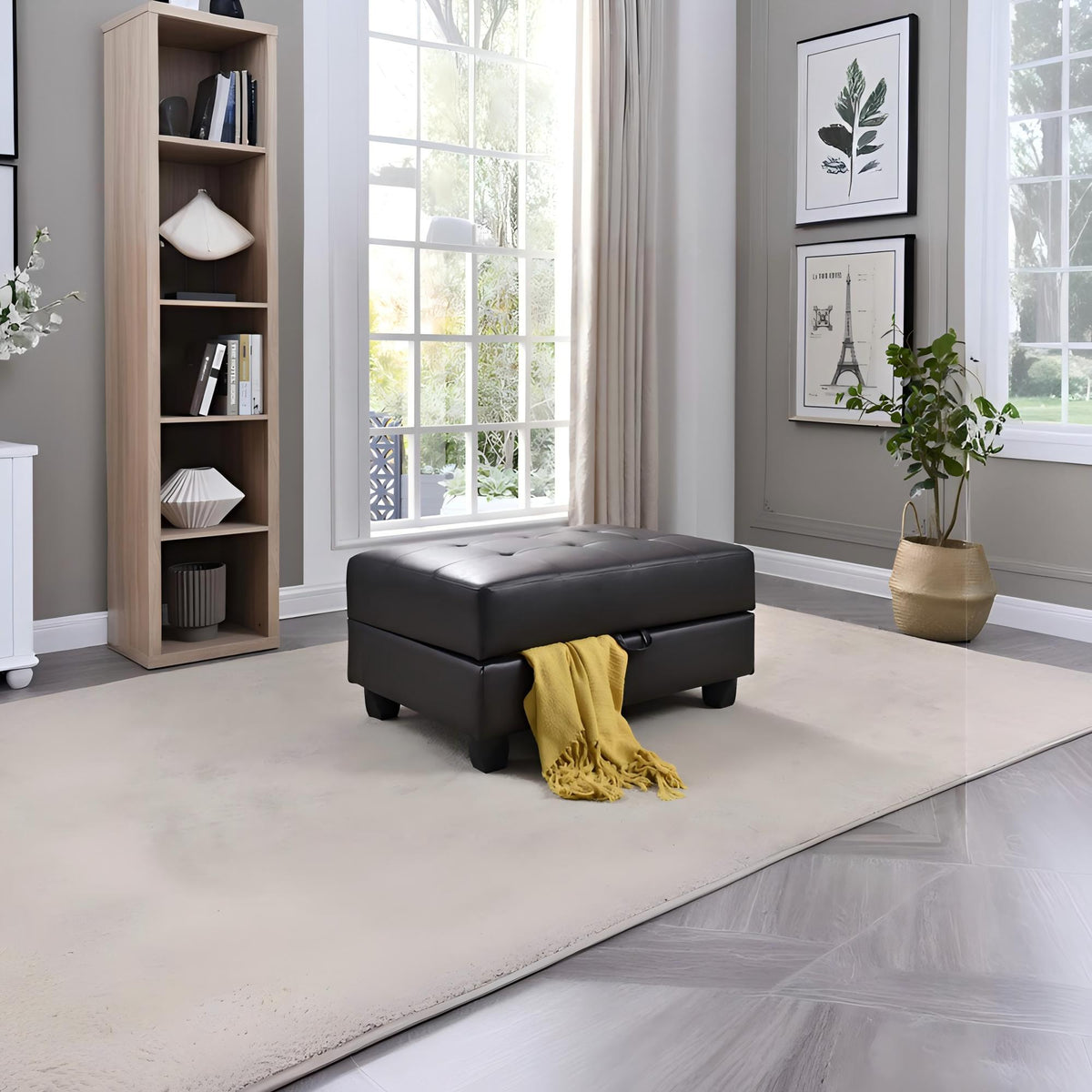 Dark brown storage ottoman with tufted seat in a modern living room on Tampa Home & Garden Store