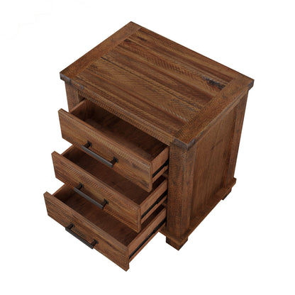 Pair of rustic three-drawer nightstands in reclaimed solid wood with dark metal pulls on Tampa Home & Garden Store