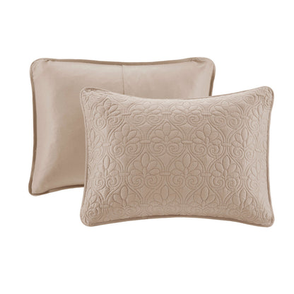 Reversible khaki quilt set with antimicrobial cotton filling, two khaki decorative pillows on Tampa Home & Garden Store