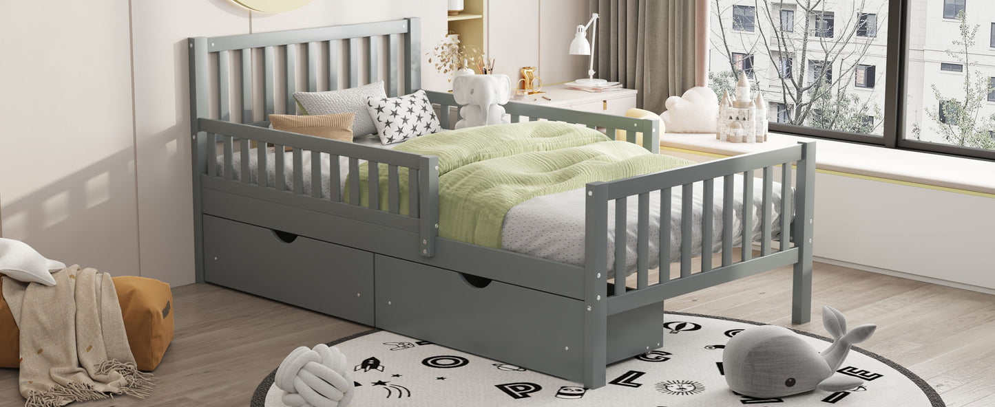 Platform bed with gray guardrails on both sides and two under-bed drawers by HouseOfZazla on Tampa Home & Garden Store