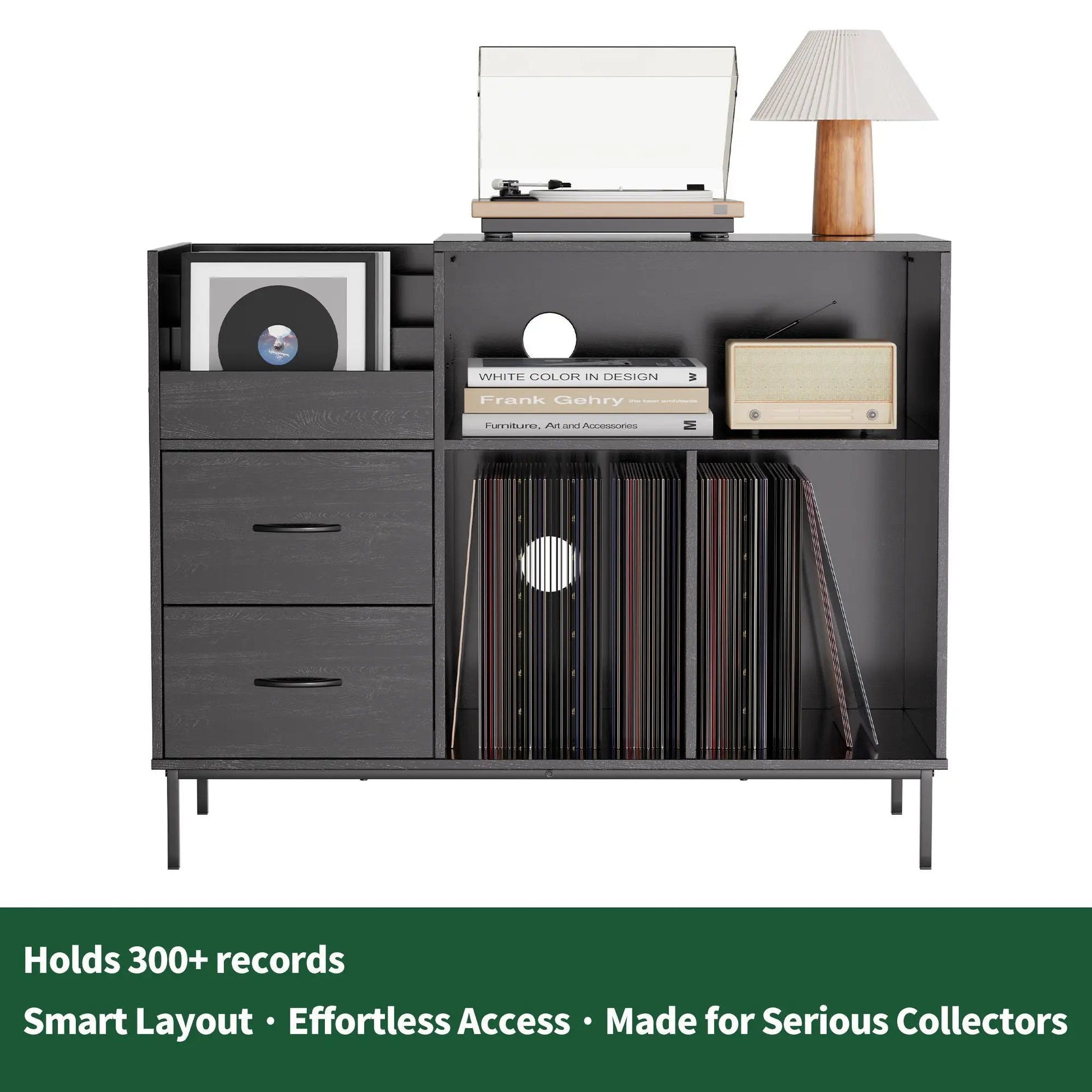 Vinyl record player stand in dark gray with flip-top lid and turntable on Tampa Home & Garden Store