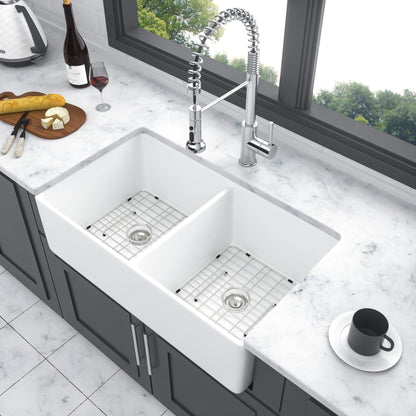Double bowl apron-front kitchen sink 32 in white with chrome pull-down faucet HouseOfZazla on Tampa Home & Garden Store