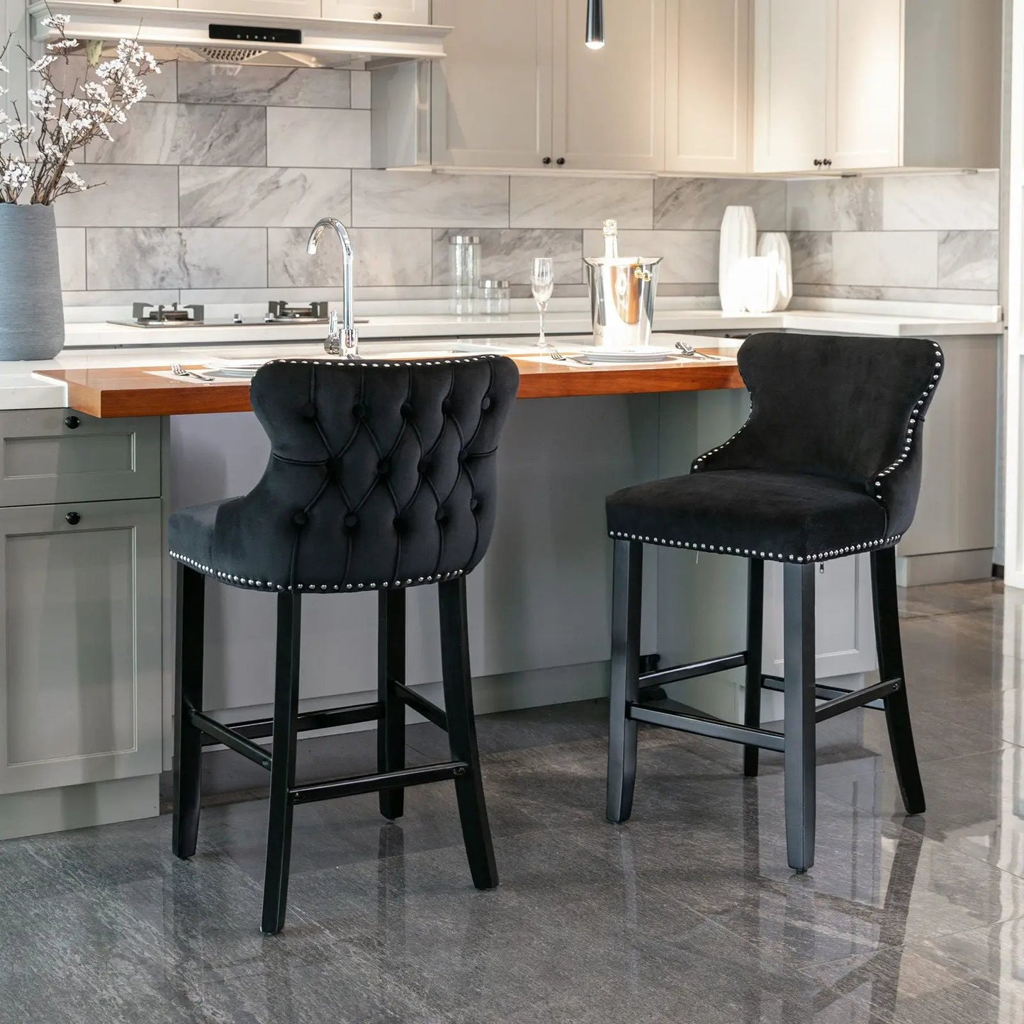 Contemporary Wing-Back Barstools with Tufting
