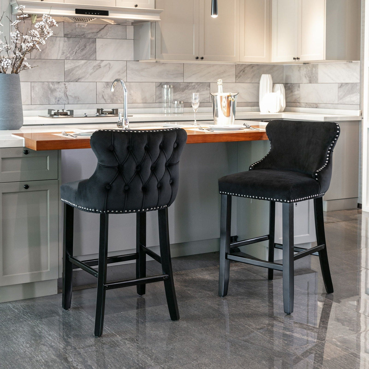 Upholstered wing-back barstools with button tufting and nailhead trim, set of 2, black fabric on Tampa Home & Garden Store