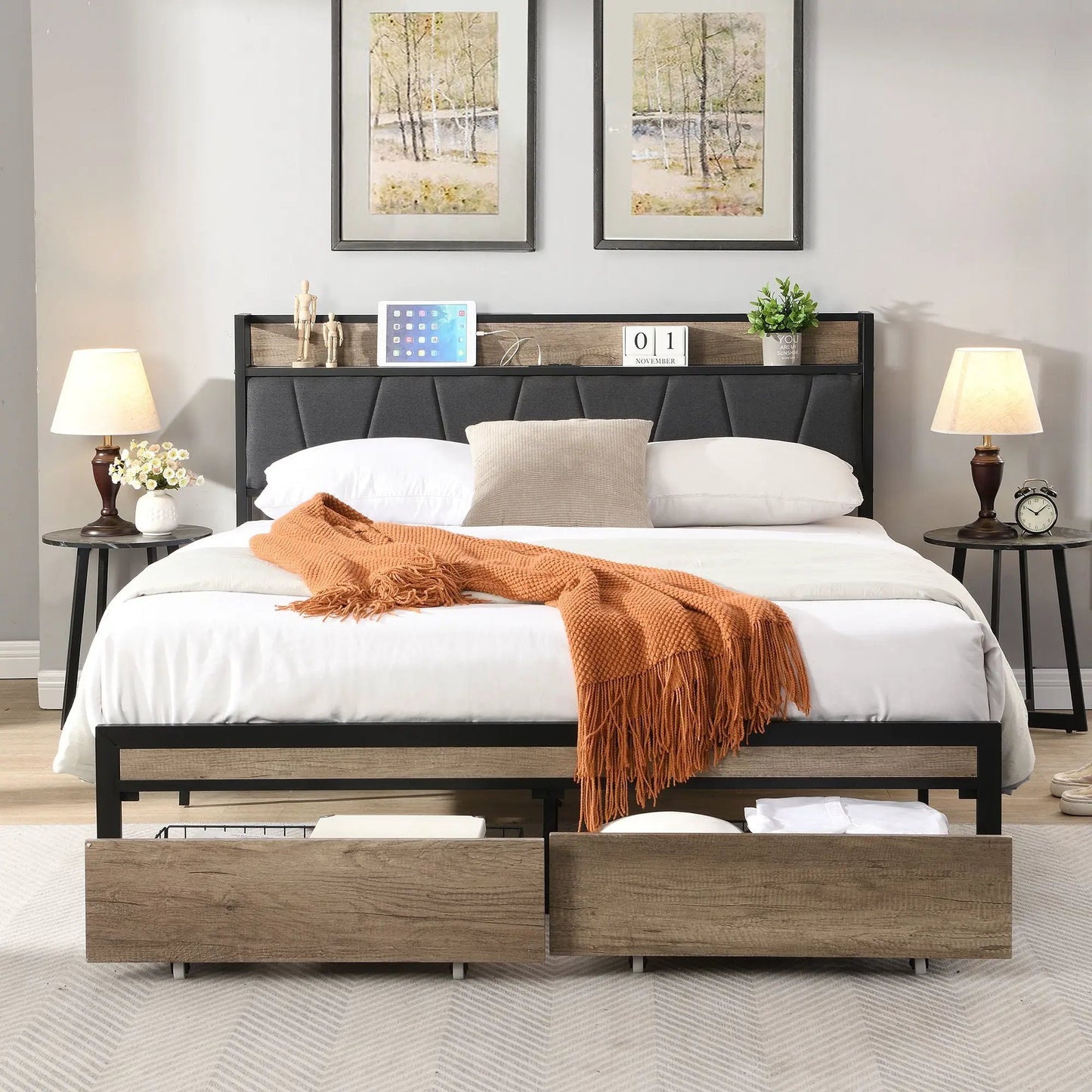 Led Bed Frame With Usb Charging and Storage