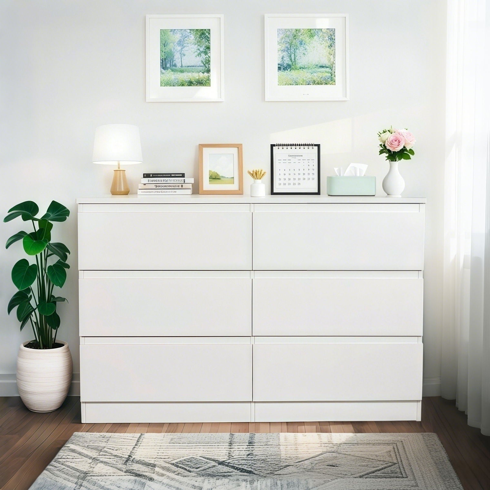 6 Drawer Dresser HouseOfZazla white finish with concealed handles and large top on Tampa Home & Garden Store