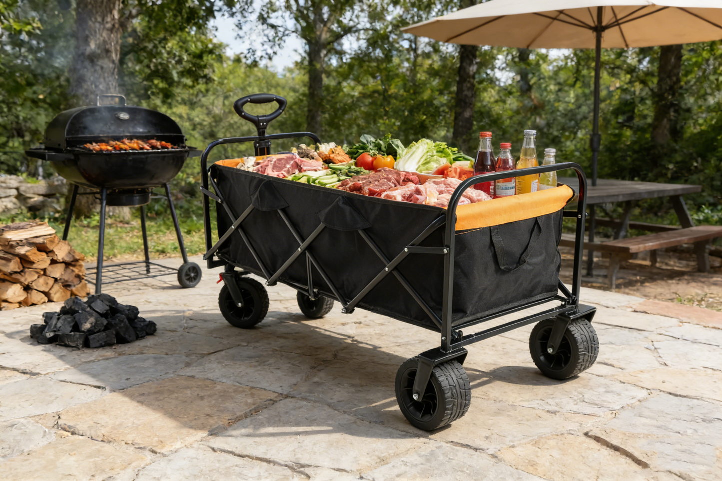 Large Folding Wagon Cart with Extender black orange loaded with meats and veggies beside a grill on Tampa Home & Garden Store
