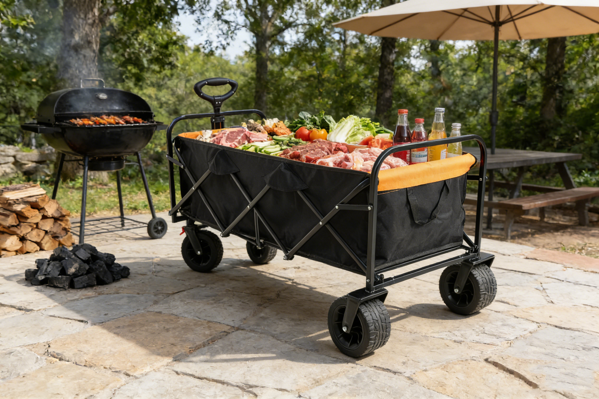 Large Folding Wagon Cart with Extender black orange loaded with meats and veggies beside a grill on Tampa Home & Garden Store