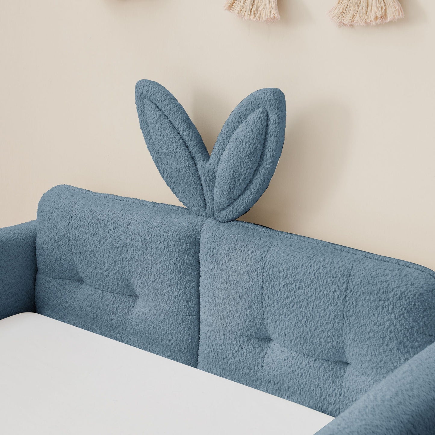 Blue rabbit-ear upholstered platform bed frame with safety rail by Unique Piece Furniture on Tampa Home & Garden Store