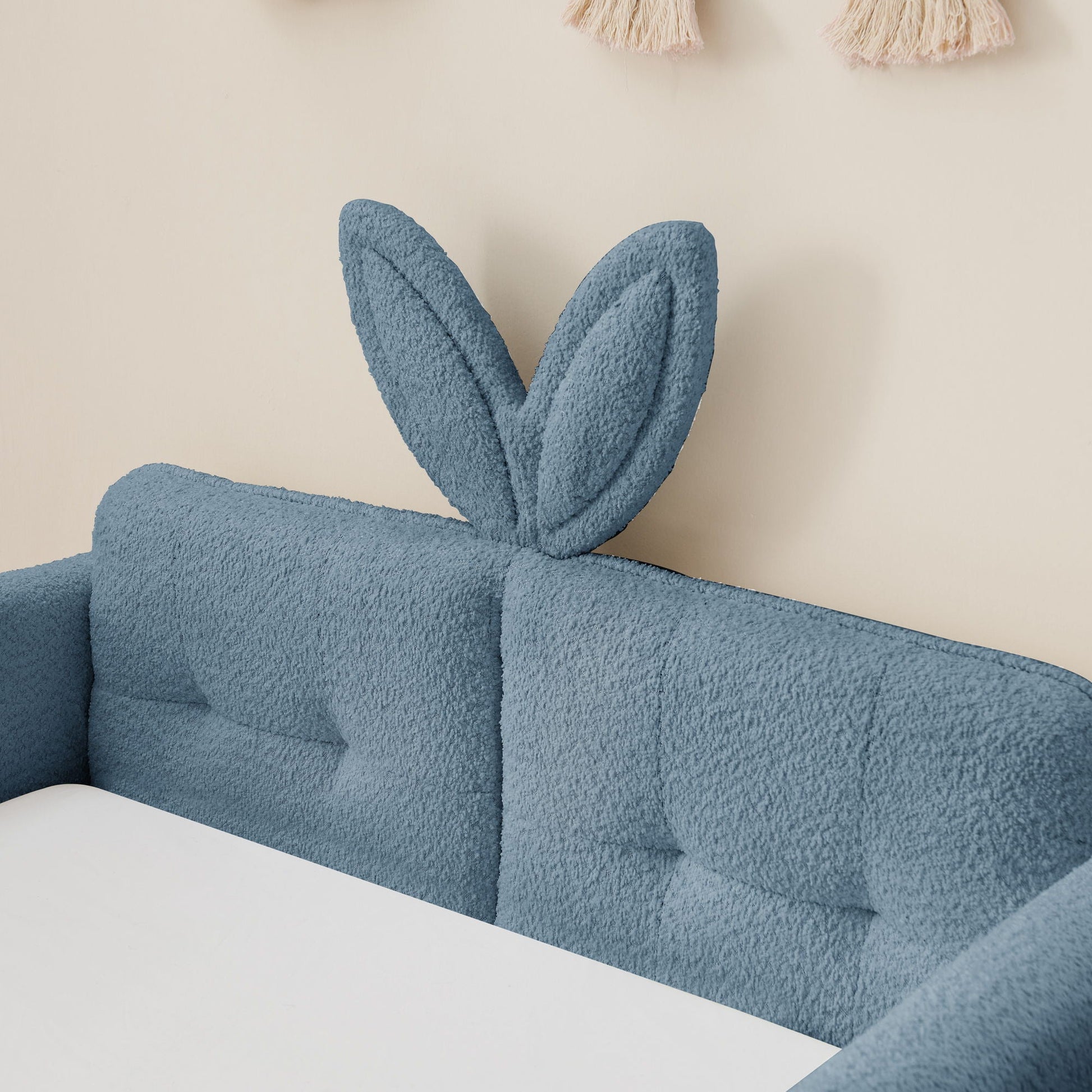 Blue rabbit-ear upholstered platform bed frame with safety rail by Unique Piece Furniture on Tampa Home & Garden Store