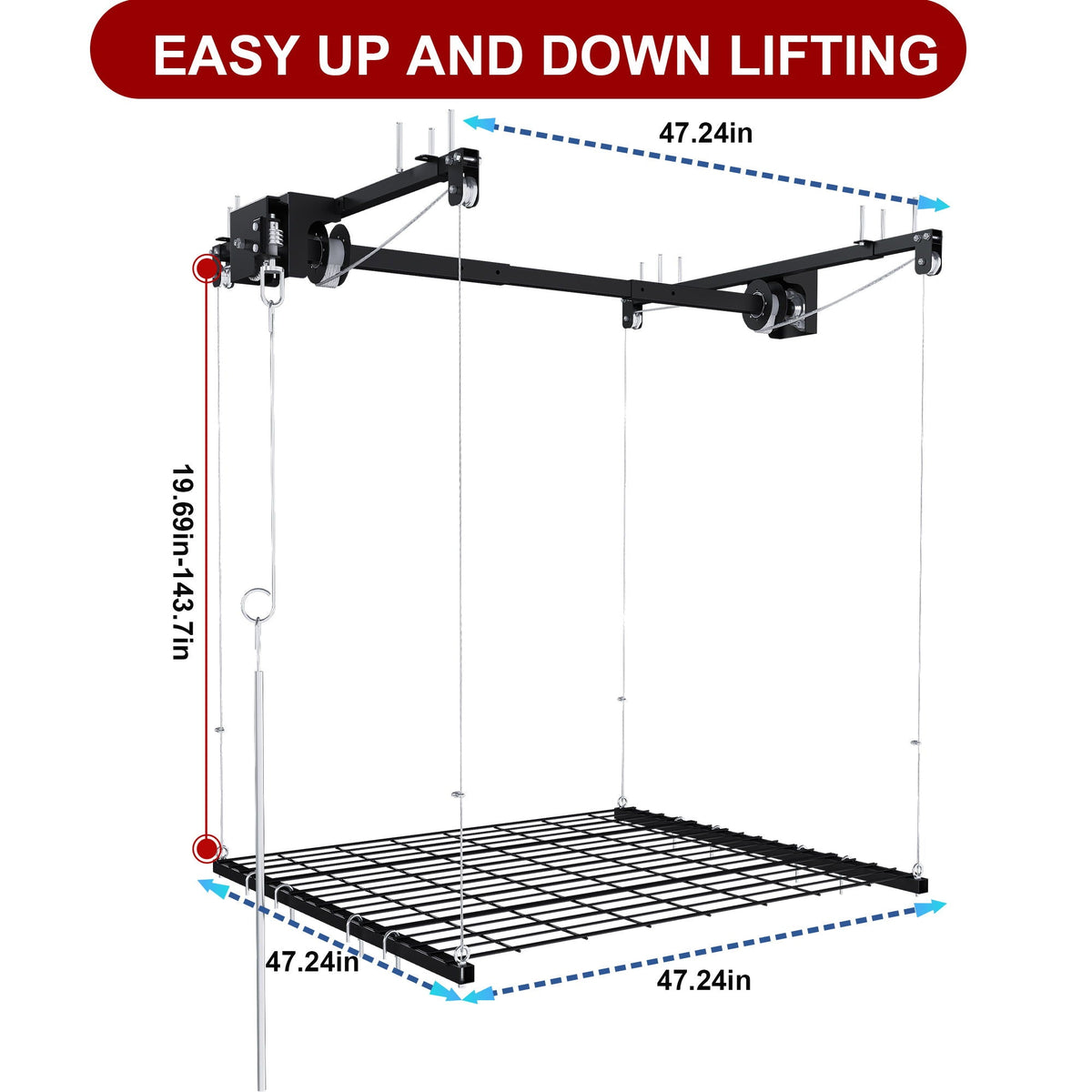 Overhead garage storage rack with crank system in black steel, pulley cables and wire basket on Tampa Home & Garden Store