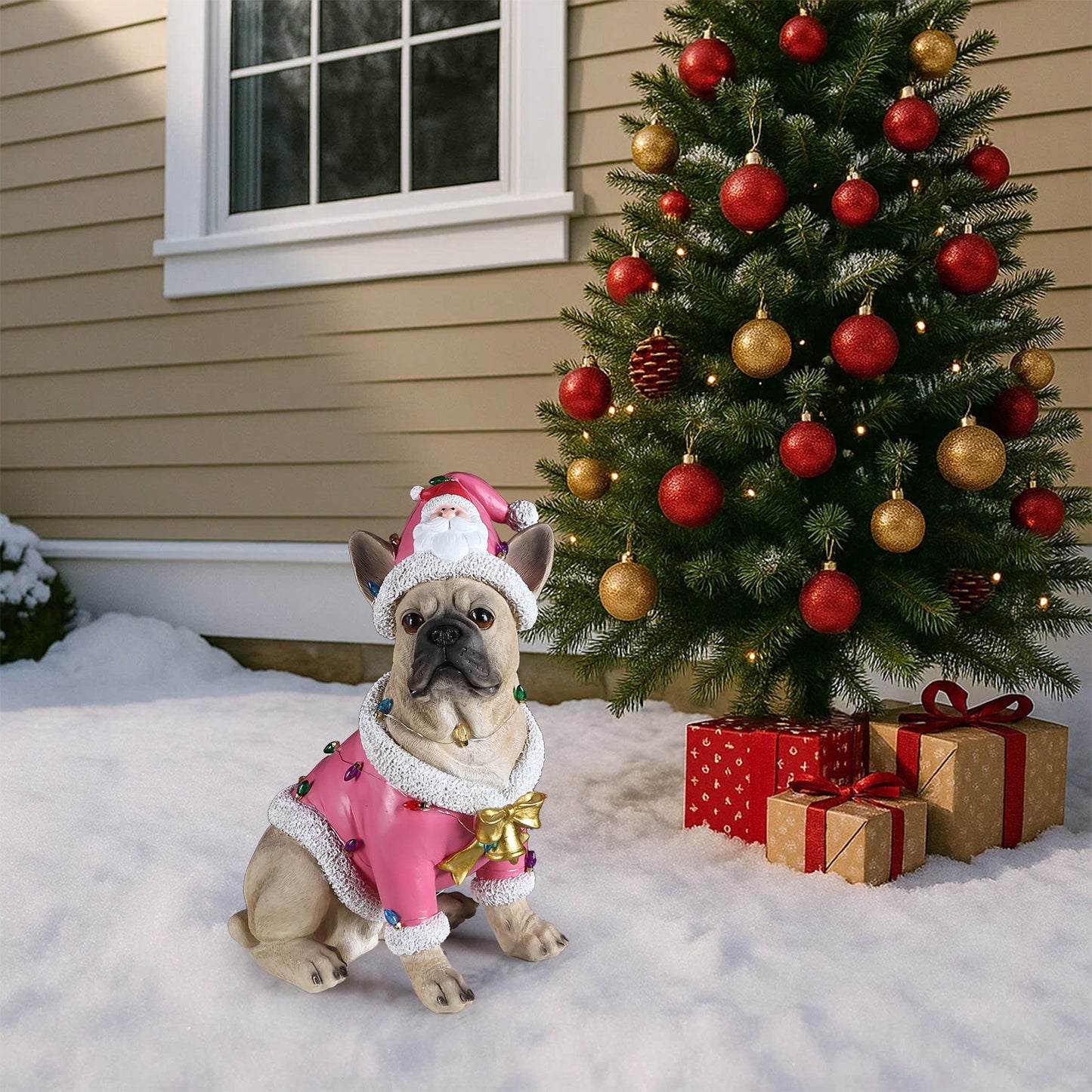 Christmas French Bulldog Statue by HouseOfZazla in pink Santa suit beside tree with gifts on Tampa Home & Garden Store
