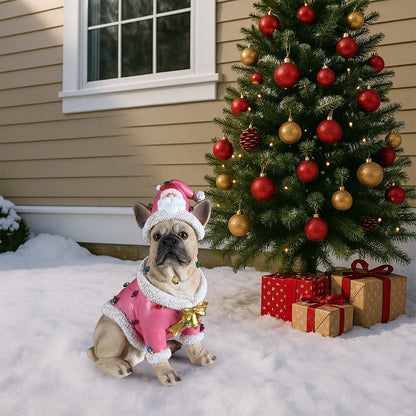 Christmas French Bulldog Statue by HouseOfZazla in pink Santa suit beside tree with gifts on Tampa Home & Garden Store