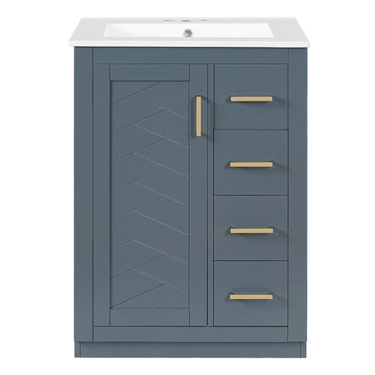 Modern bluegray vanity with white top, 1 door 3 drawers, brass accents Unique Piece Furniture on Tampa Home & Garden Store