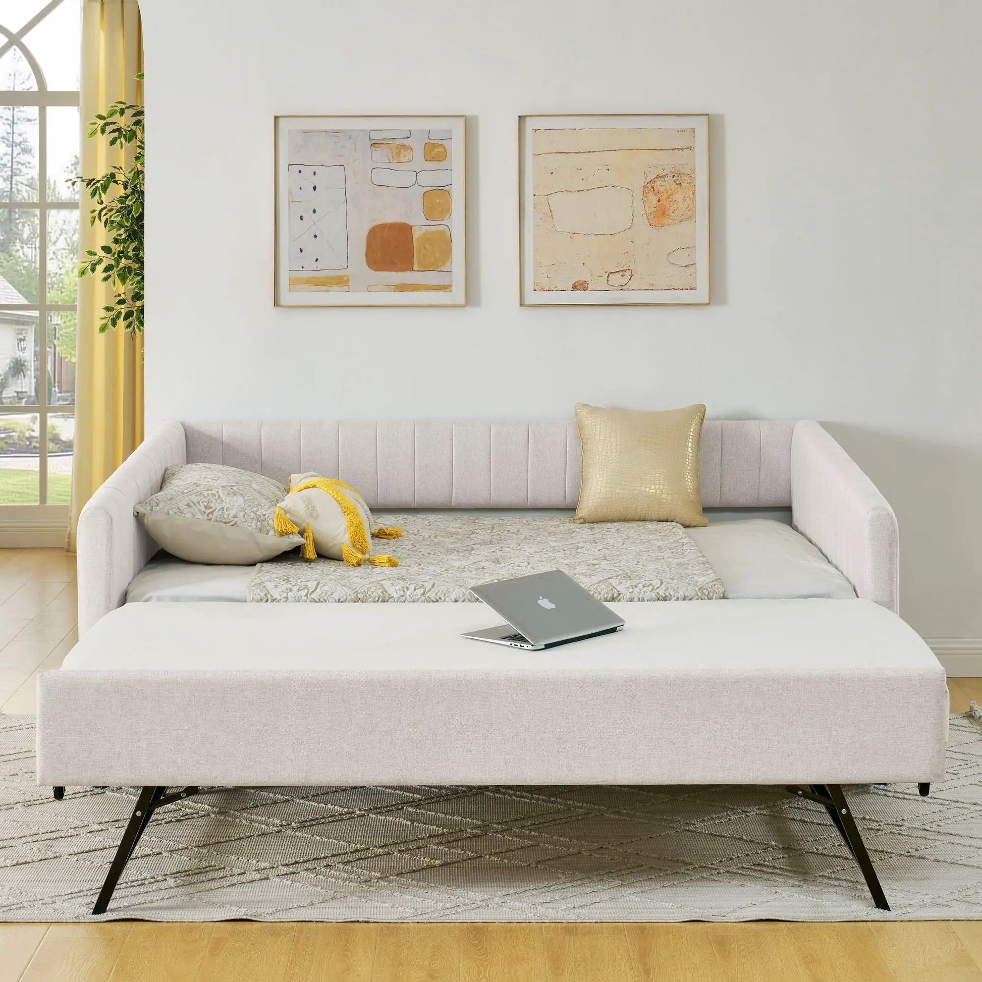 Upholstered daybed with trundle in light gray fabric with stripes Unique Piece Furniture on Tampa Home & Garden Store