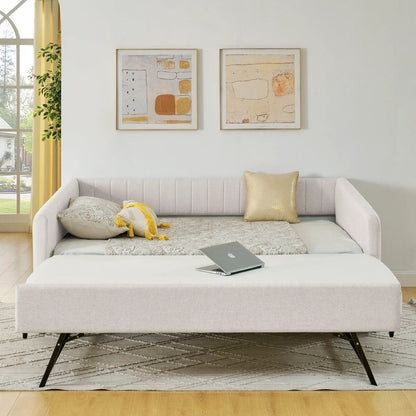 Upholstered daybed with trundle in light gray fabric with stripes Unique Piece Furniture on Tampa Home & Garden Store