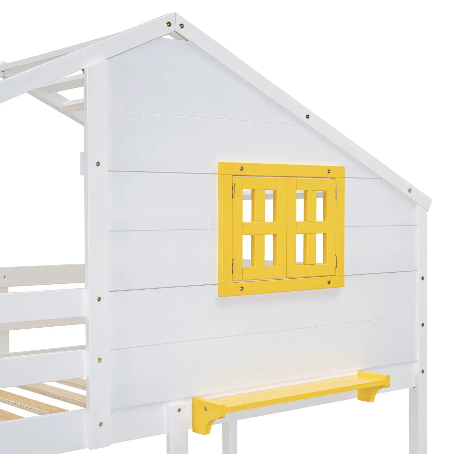 Bunk bed with playhouse roof and window, white frame with yellow gate, Unique Piece Furniture on Tampa Home & Garden Store