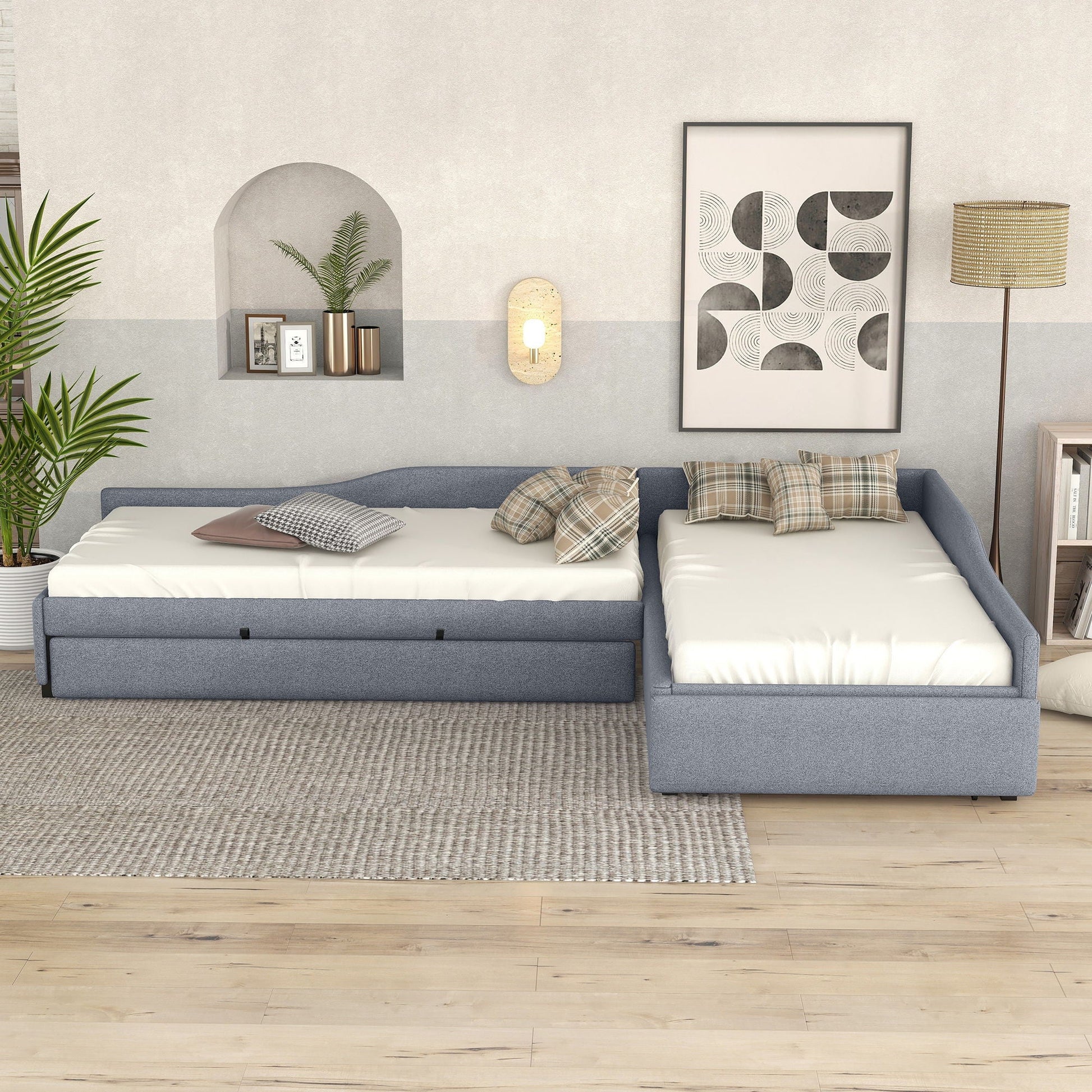 Upholstered double daybed with trundle and drawer, two attached mattresses in gray fabric on Tampa Home & Garden Store