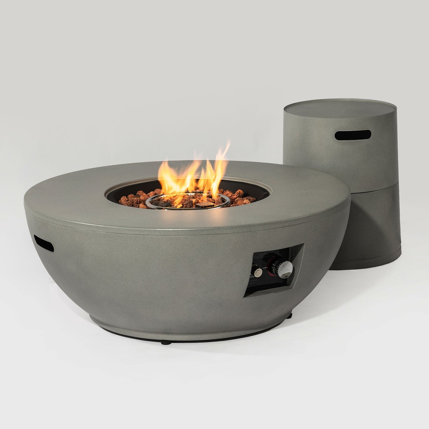 36'' Propane Gas Fire Pit Table in grey steel with lava rock bed and side control panel on Tampa Home & Garden Store