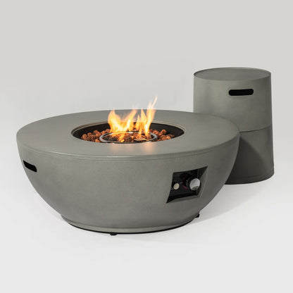 36'' Propane Gas Fire Pit Table in grey steel with lava rock bed and side control panel on Tampa Home & Garden Store