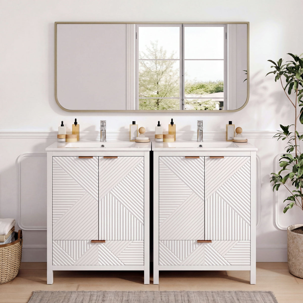 Modern bathroom vanity with double sinks, white diagonal panel cabinets, compact storage on Tampa Home & Garden Store