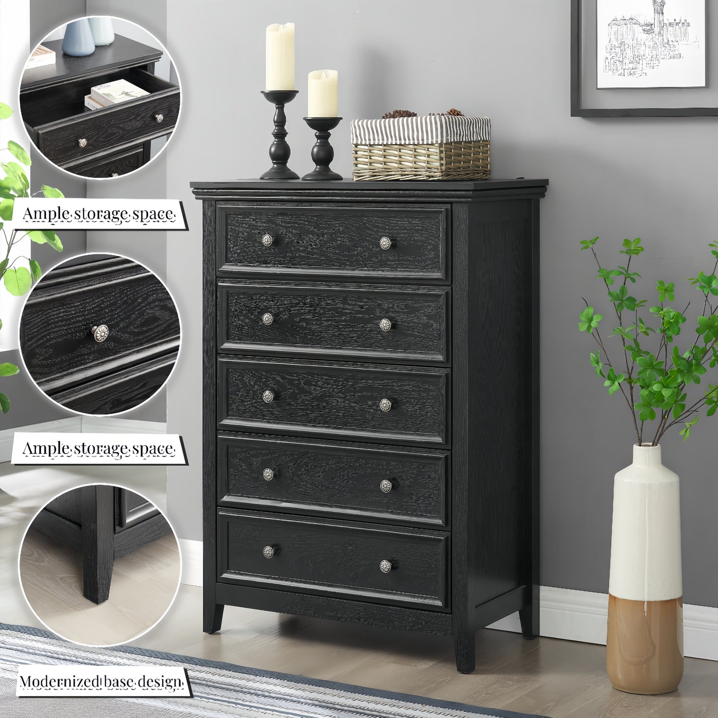 5-drawer black dresser by HouseOfZazla for living room storage on Tampa Home & Garden Store