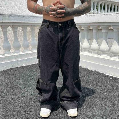 Solid Color Casual Jeans Retro Straight-leg Pants by FLIPSTYLEZLLC, dark wash, baggy fit on Tampa Home & Garden Store