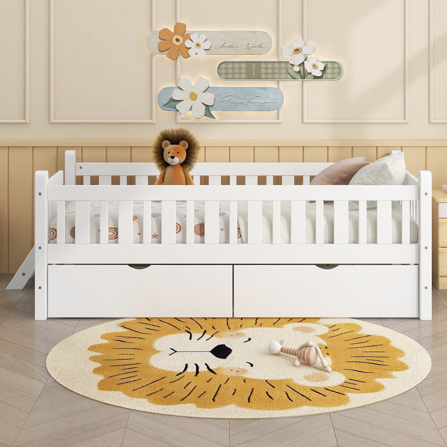 Platform bed with guardrail and 2 drawers, white finish HouseOfZazla storage bed on Tampa Home & Garden Store