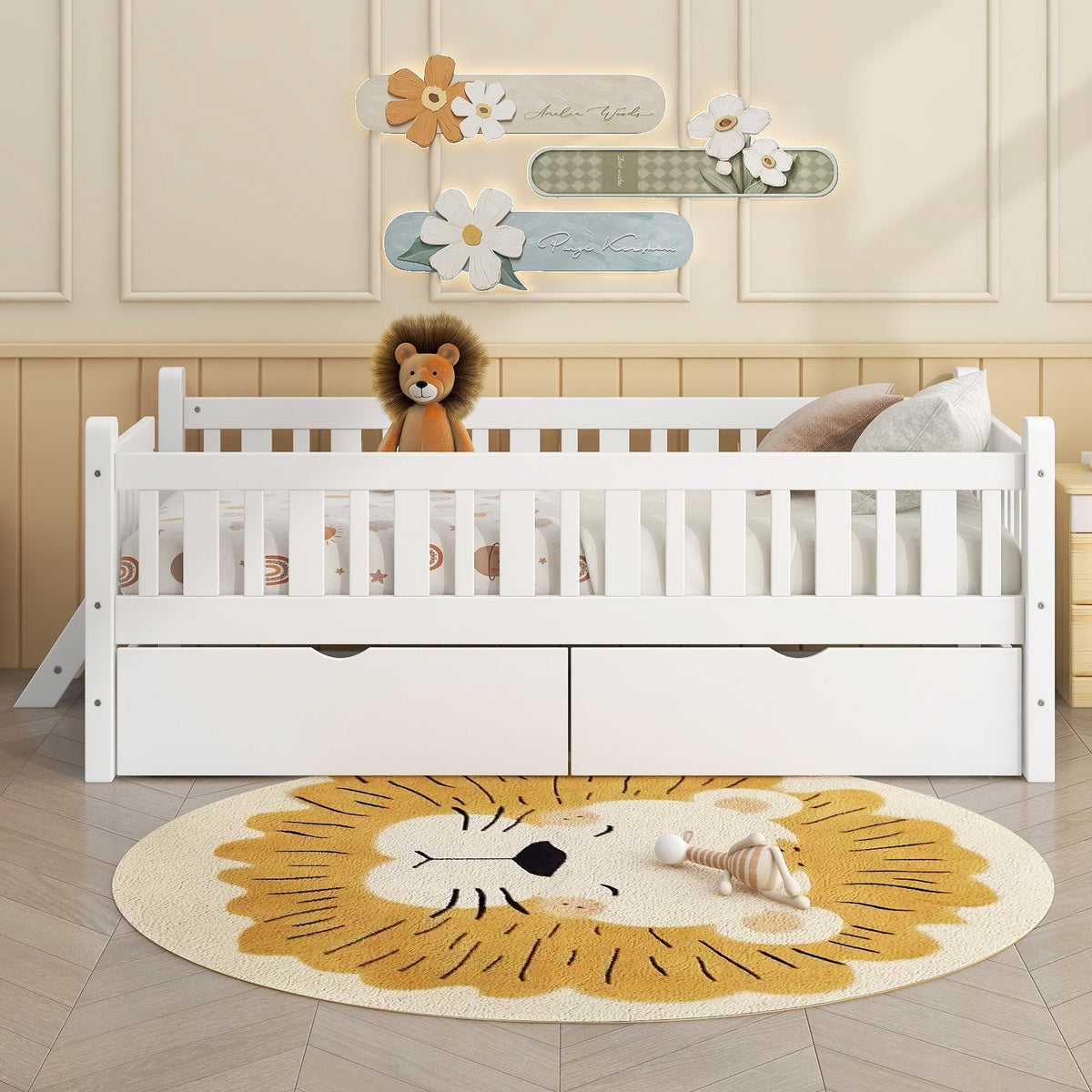 Platform bed with guardrail and 2 drawers, white finish HouseOfZazla storage bed on Tampa Home & Garden Store