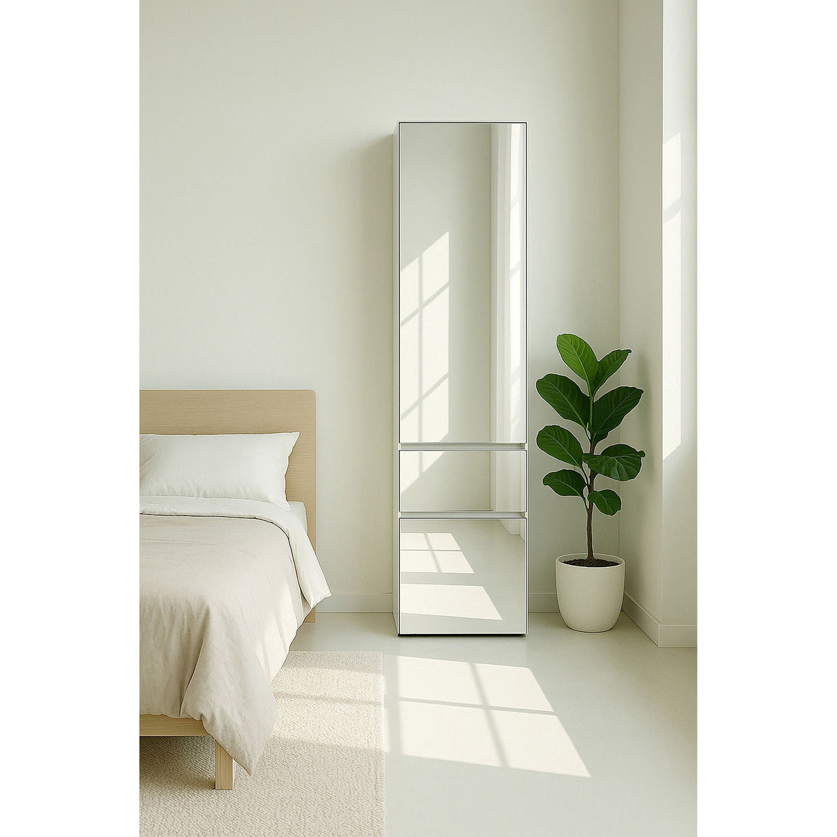 Slim Modular Closet Cabinet with Mirror - White in a bright bedroom beside a bed on Tampa Home & Garden Store