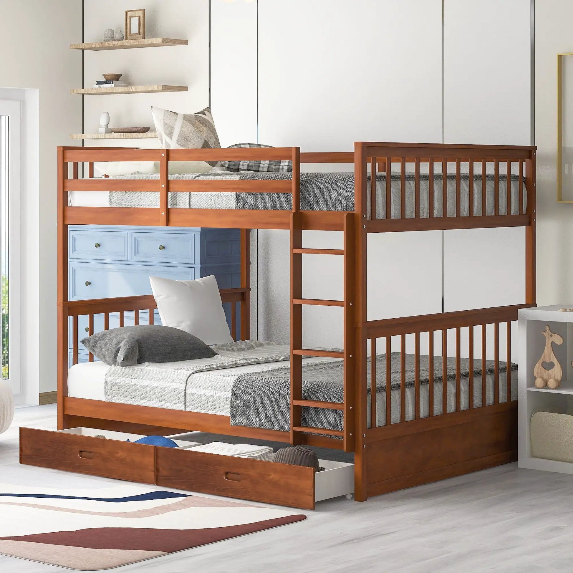 Bunk Bed With Ladders And 2 Storage Drawers warm wood finish Unique Piece Furniture on Tampa Home & Garden Store