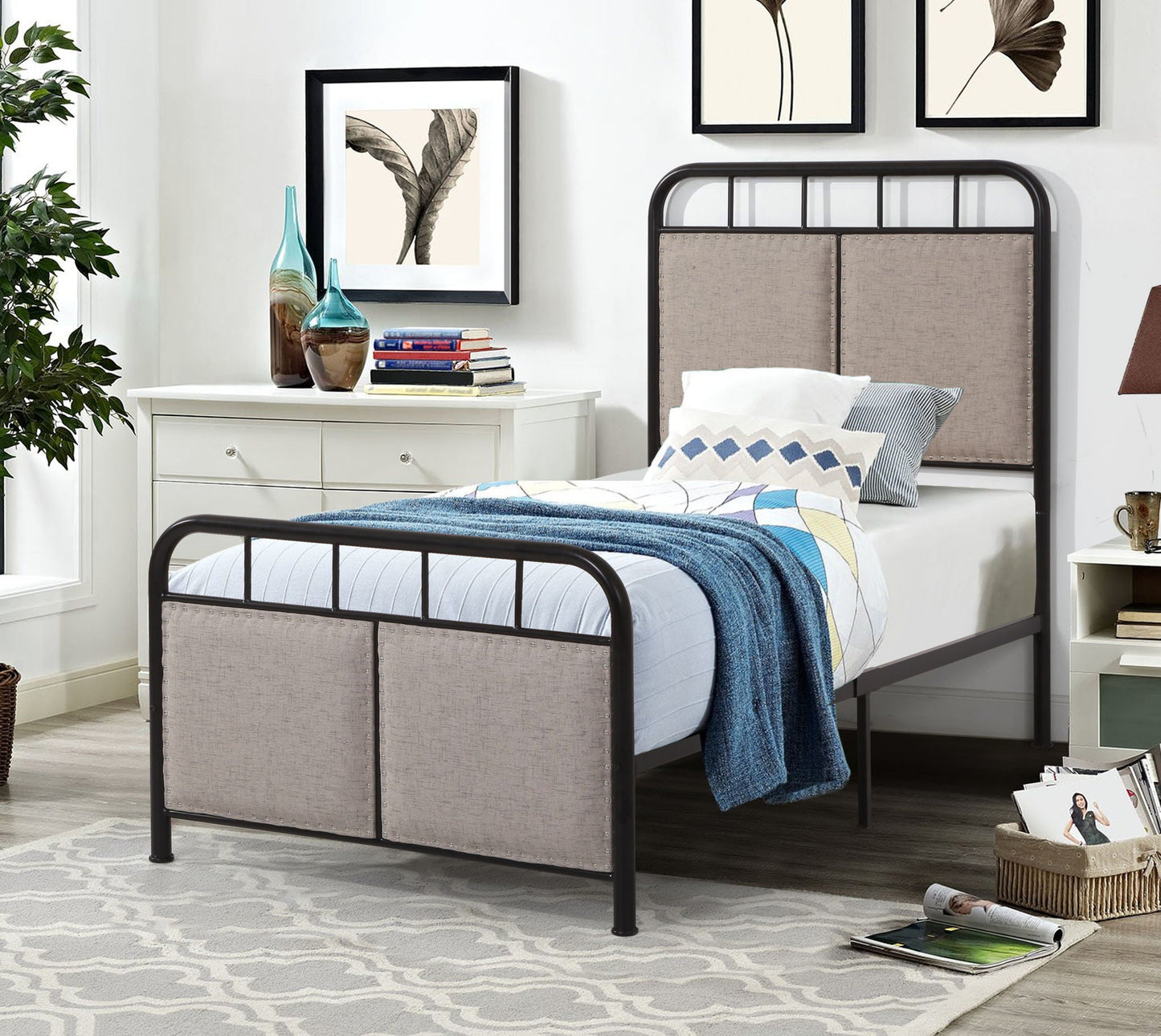 Twin Size Linen and Metal Upholstered Bed Frame