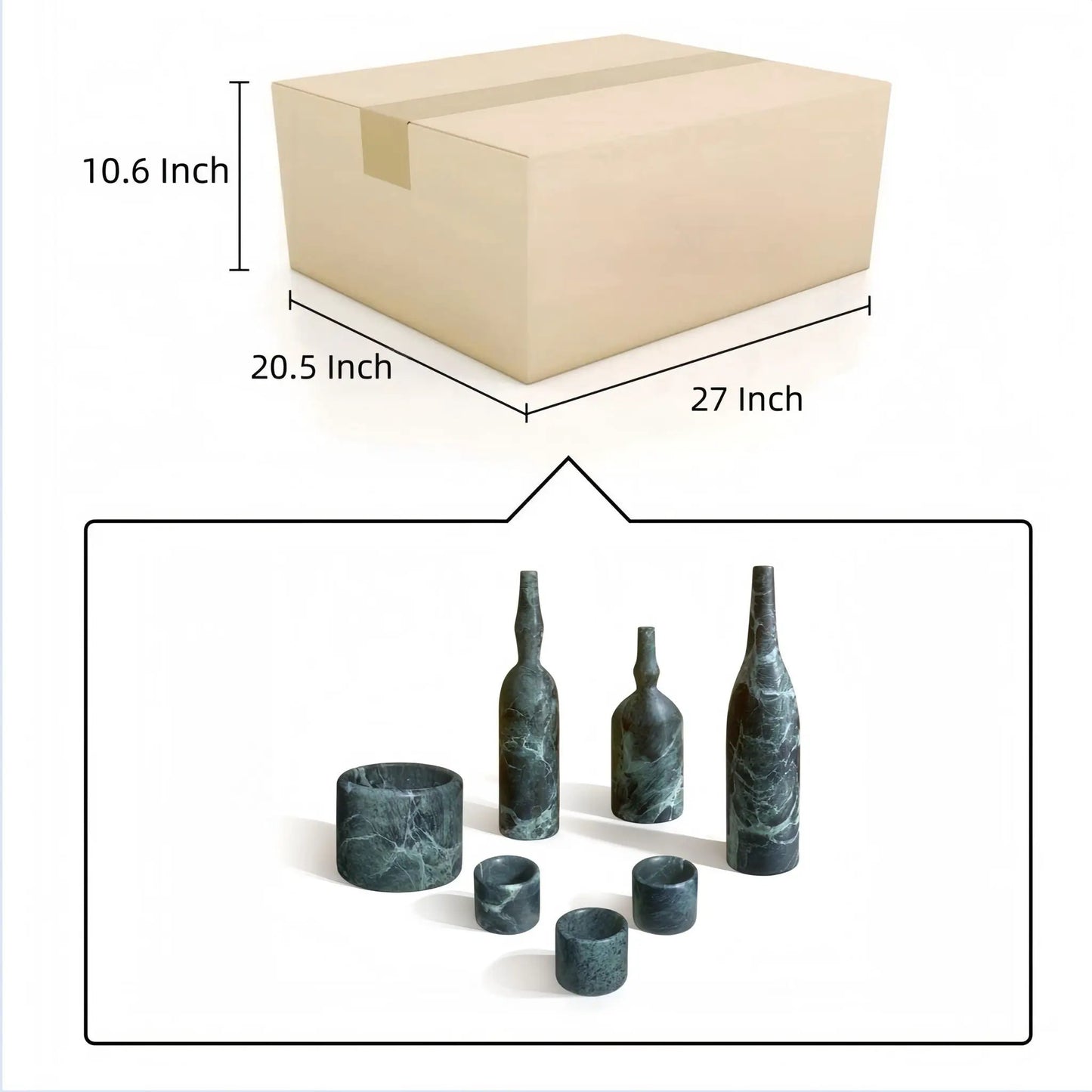 7-piece green marble table accessory set by Unique Piece Furniture with vases and bowl Store on Tampa Home & Garden Store