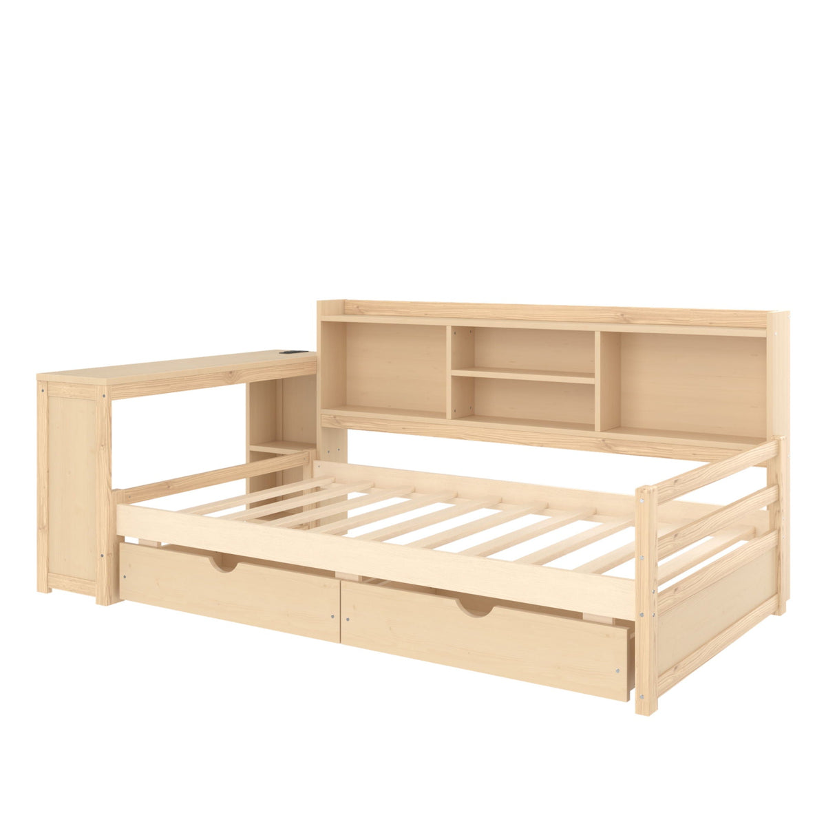 Corner daybed with desk, storage drawers and open bookcase in natural pine on Tampa Home & Garden Store