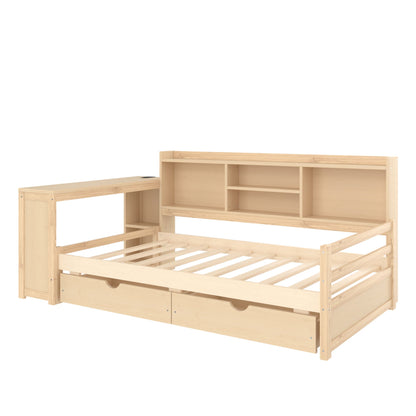 Corner daybed with desk, storage drawers and open bookcase in natural pine on Tampa Home & Garden Store