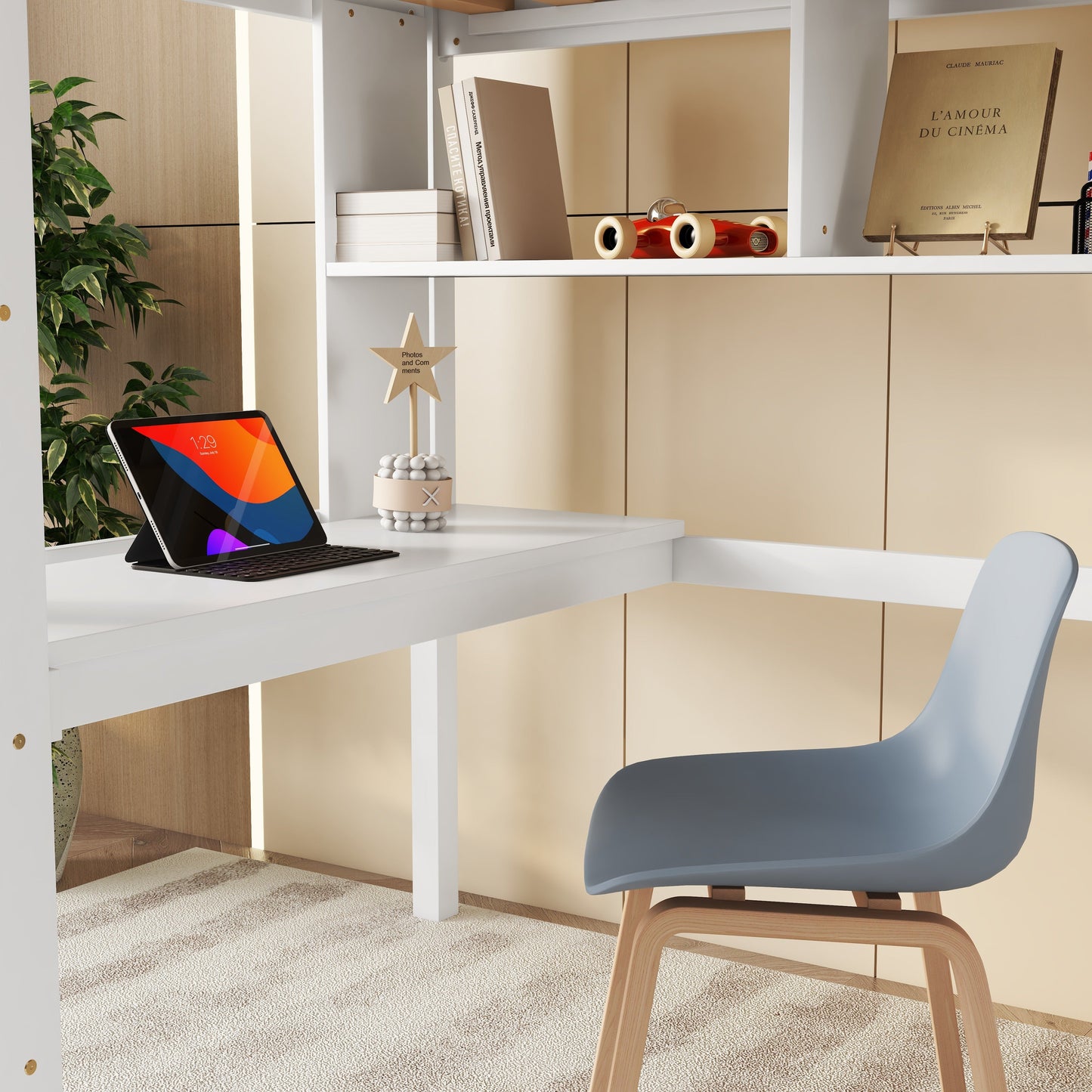 Twin Loft Bed with built-in desk and bookcase of three compartments, Guardrails and Ladder,White - Tampa Home & Garden Store