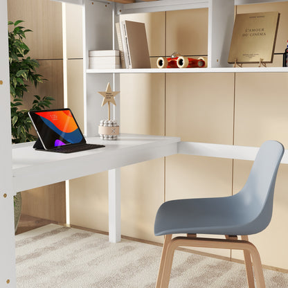 Twin Loft Bed with built-in desk and bookcase of three compartments, Guardrails and Ladder,White - Tampa Home & Garden Store