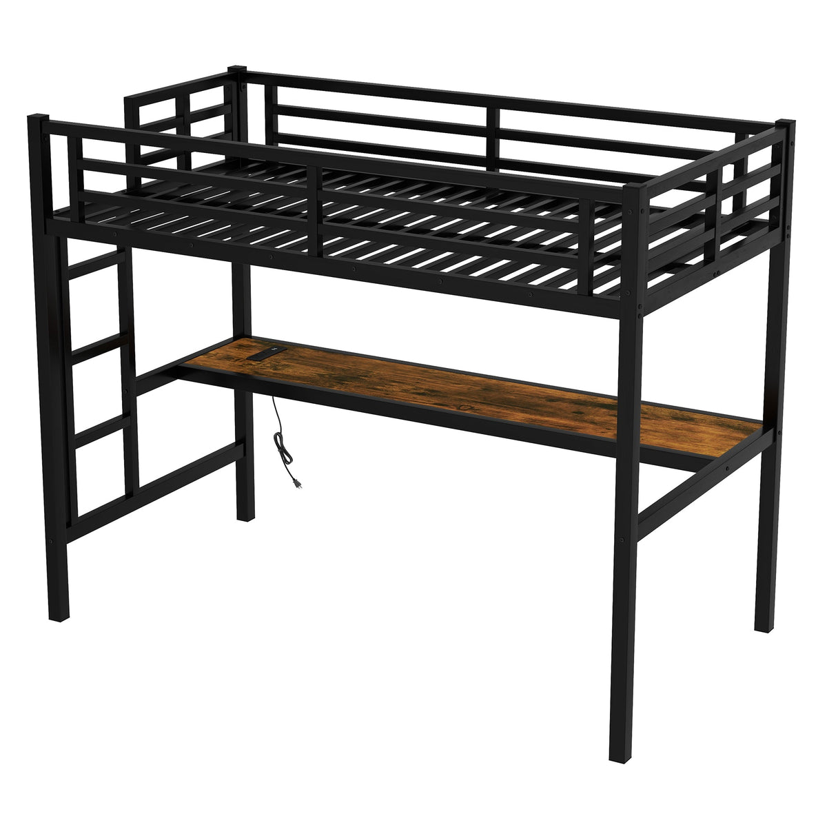 HouseOfZazla metal twin XL loft bed with desk in black featuring power outlet and LED light on Tampa Home & Garden Store