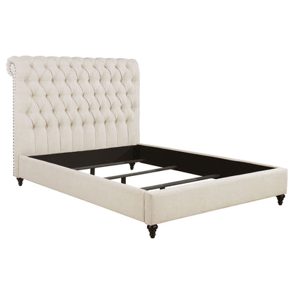 Clemence tufted upholstered bed with rolled-back headboard in beige fabric on Tampa Home & Garden Store