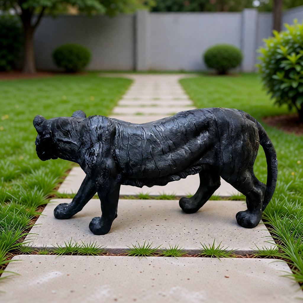 Simulated Black Tiger resin garden statue by HouseOfZazla; tiger sculpture on a stone path on Tampa Home & Garden Store