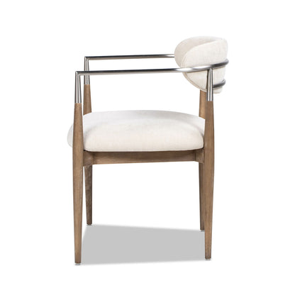 Artemis upholstered dining arm chair with brushed nickel arms, warm white fabric wood legs on Tampa Home & Garden Store